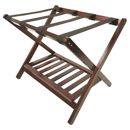 Deluxe Wooden Luggage Rack with Shoe Shelf, Walnut Finish with Black Straps